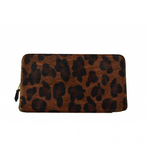 Portefeuille pour femme en cuir de poney marron foncé avec imprimé léopard  149P